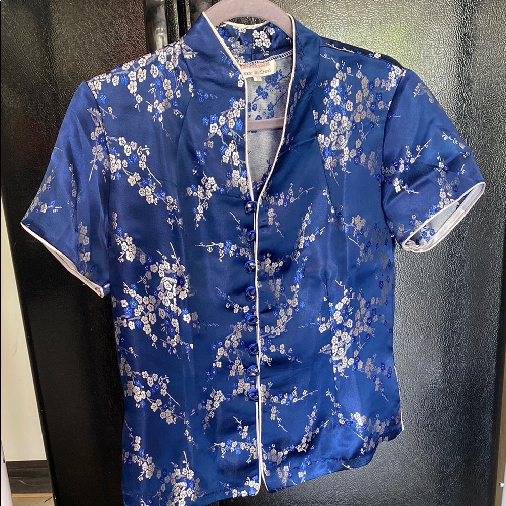 Blue and White Floral Satin Blouse